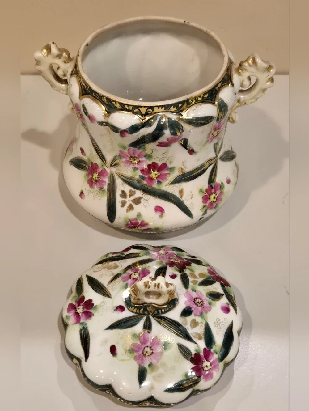 Hand-Painted Floral Porcelain Jar with Lid - Pink & Green